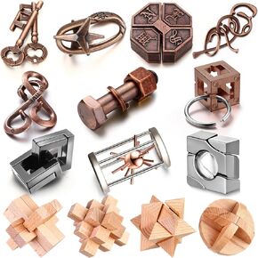 Syhood 14 Pcs Brain Teaser Puzzle Logic Metal Puzzle for Adult Kid Metal Wooden Brain Teaser Puzzle IQ Challenge Metal Puzzle Game Difficult Adult Hanayama Puzzle Toy for 3D Assembling Educational Toy