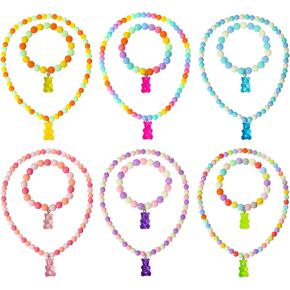 PinkSheep Jewelry Sets Beaded Necklace and Beads Bracelet for Kids Girls 10 Sets Unicorn Cat Mermaid Starfish Shells Bird Owl Necklace and Beads Little Favors Bags for Girls Princess Dress Up Pretend Play