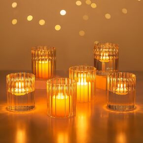 Glasseam Ribbed Glass Candle Holder: Set of 6 Clear Hurricane Candle Holder Cylinder Candle Holders for Pillar Candles Decorative Floating Candle Vases for Centerpieces Wedding Table Decoration 3.94’’