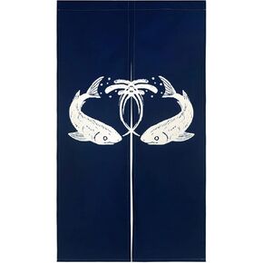 LIGICKY Noren Doorway Curtain Japanese Style Two Fish Printed Cotton Linen Window Treatment Door Tapestry for Home Decoration 33.5" Width x 59" Long, Navy Blue