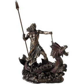 Poseidon With Trident Standing On Hippocampus, Cold Cast Bronze, 9 1/4 Inch Tall