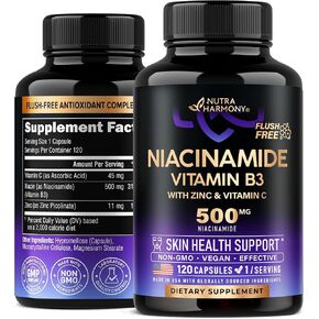 Niacinamide 500 mg - فيتامين B3 مكمل النياسيناميد الخالي من الاحمرار - بشرة صحية صافية ودعم مضاد للأكسدة - مع الزنك وفيتامين C - تم اختباره معمليًا، نباتي وغير معدل وراثيًا - صنع في الولايات المتحدة الأمريكية - 120 كبسولة in Kuwait