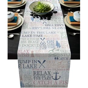 Lake Life Table Runner 13x70inch Linen Burlap Table Runners Non-Slip Heat Resistant Cloth Placemat Home Decor for Wedding Banquet Party - Colorful Word Pine Tree Boat Paddle Lighthouse Fish Pattern