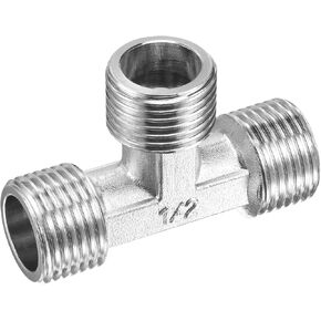 uxcell Pipe Fitting Tee G1/2 Male Thread 3 Way T Shape Hose Connector Adapter, Nickel-Plated Copper