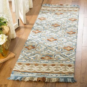 SAFAVIEH Blossom Collection 2'3" x 8' Light Beige/Blue BLM420A Handmade Fringe Premium Wool Runner Rug