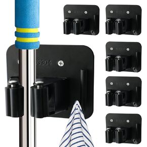 5 Pack Broom Holder Heavy Duty Stainless Steel Broom Hanger with Hooks Screw Drilling Rust Resistant Mop and Broom Holder Wall Mount for Bathroom Kitchen Laundry Room Garage - Silver