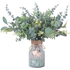 Mixed Artificial Eucalyptus Plants Greenery with Glass Vase and Beads, 3Kinds Fake Eucalyptus Plant Stems for Modern Farmhouse Bathroom Decor Dining Room Kitchen Centerpiece Table Decorations