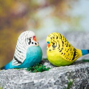 Handmade Wooden Budgerigar Figurines, 2PCS DIY Carved Painted Wooden Parrot Statue Crafts，Couple Bird Statues, Bird Home Garden Decor, Collectible Parrot Figurines