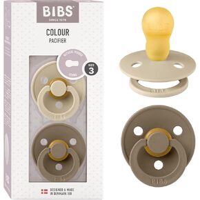 BIBS Colour Baby Pacifier 2-Pack | Made in Denmark | BPA Free Dummy Soother, Round Nipple. Natural Rubber Latex, Size 3 (18+ Months), Vanilla/Dark Oak