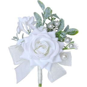 White Corsage and Boutonniere Set, Rose Wrist Corsage for Wedding Prom Party Artificial Flowers Wrist Corsage Boutonniere for Wedding Mother of Bride and Groom (White Boutonniere, 1)
