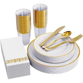 FOCUSLINE 175pcs Gold Dinnerware Set for 25 Guests, White Plastic Plates with Gold Rim, Including 25 Disposable Dinner Plates, 25 Dessert Plates, 25 Silverware Set, 25 Cups, 25 Napkins
