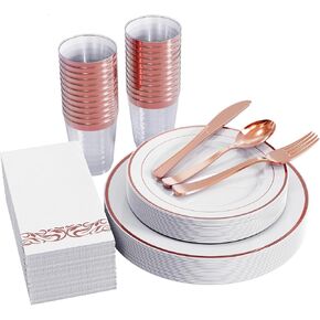 FOCUSLINE 175pcs Gold Dinnerware Set for 25 Guests, White Plastic Plates with Gold Rim, Including 25 Disposable Dinner Plates, 25 Dessert Plates, 25 Silverware Set, 25 Cups, 25 Napkins