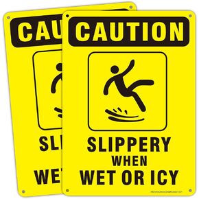 Caution Slippery When Wet or Icy Sign, 2 Pack- 10" x 7" Caution Slippery Sign, Rust Free Heavy Duty Reflective Aluminum, FadeResistant, UV Protected, Weatherproof, Easy to Mount