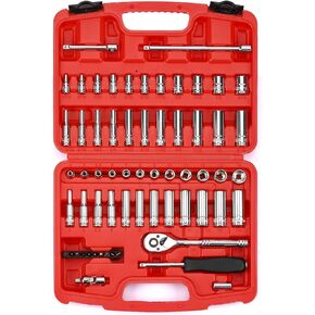 MIXPOWER 62-Piece 1/4-Inch Dr. Master Socket Set with Ratchets,Universal Joint, Extensions with 1/4'' Dr. Bits Set, SAE/Metric 6-Point 5/32-Inch - 9/16-Inch, 4 mm - 14 mm, CR-V Socket