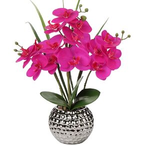Briful Artificial Orchids Flowers 20'' Teal Blue Faux Orchid Arrangement with Silver Vase Fake Phalaenopsis Orchid for Home Office Living Room Table Decor
