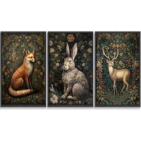 3Pcs Framed william morris animal wall art Fox rabbit sika deer Canvas Posters Prints Forest Wild Animal Pictures Paintings Gothic Botanical Floral Oil Wall Decor for Bedroom （16"x24"x3）