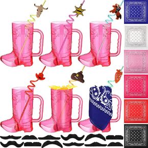Sliner 30 Pcs Cowboy Party Favors, with 20 oz Cowboy Boot Mug Cup Cowgirl Plastic Straws Paisley Bandanas Fake Mustaches Cowboy Party Decorations Supplies for Western Cowboy Theme Birthday Baby Shower