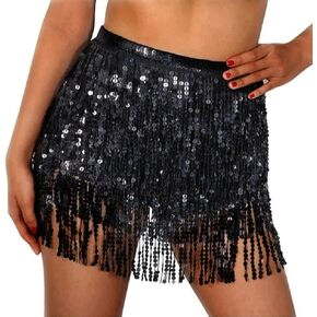 Sequin Tassel Skirt - Belly Dance Hip Skirt Fringe Tassel Hip Scarf Rave Skirts for Women and Girls Halloween Cowgirl Costume (Black)