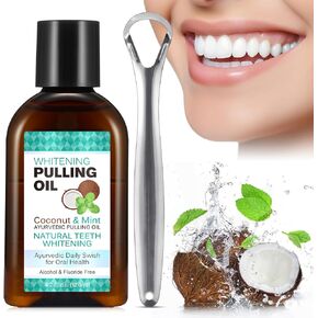 Whitening Coconut Pulling Oil (4.2 Fl.Oz),with Tongue Scraper+Measuring Cup, Coconut Mint Pulling Oil for Teeth, Pulling Oil for Teeth Whitening and Healthier Gum&Teeth-Travel Size, Clear