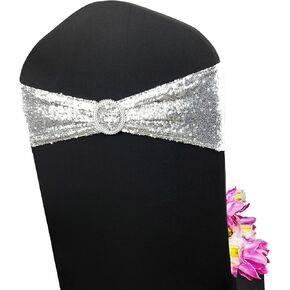 6 PCS Sequin Chair Sashes with Silver Buckle, Chair Bands One-Sided Sequins Decor for Hotel Wedding Reception Party Event Chair Cover, Stretch Chair Bands-Aqua