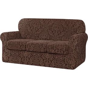 subrtex Sofa Cover 4 Piece Couch Cover Stretch Christmas Sofa Slipcover Jacquard Damask with 3 Separate Seat Cushion Washable Furniture Protector for 3-Seater (Large, Brown)