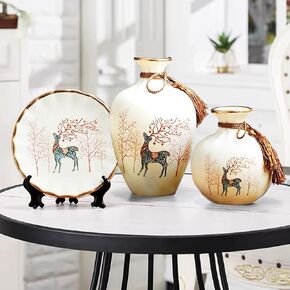 White Ceramic Vase Set, Three-Piece Deer Decorative Ornament Set for The Living Room TV Cabinet and Wine Cabinet