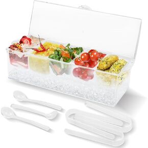 Chilled Condiment Server with 5 Compartments, Bar Condiment Organizer on Ice with Lid, Clear Serving Bar Compartments Box Tray