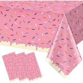 3Pcs Sprinkle Donut Tablecloth, Pink Ice Cream Table Cloth Disposable Plastic Rectangle Table Covers for Baby Girl Sweet One Birthday Donut Grow Up Donut Themed Party Decorations, 54 X 108 Inch