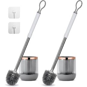 Toilet Bowl Brush and Holder 2 Pack Long Handle Toilet Brush for Bathroom with Separate Base for Floor and Wall Mounted Plastic Toilet Brush Set Under The Rim Household Cleaning (White)