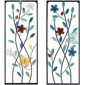 AOTISBAO Set of 2 Large Wall Art Decor 32" X 12" Metal Art Wall Sculpture Flowers Luxury Wall Home Decor with Frame for Metal Wall Decor Kitchen Bedroom Living Room Study Room Home Office