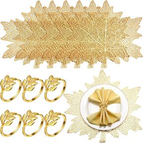 Mifoci 12 Sets Gold Leaf Placemats and Leaf Napkin Rings Round Gold Napkin Rings Hollow Out Fall Placemats for Dinner Table Holiday Thanksgiving Wedding Party Fiesta Accent