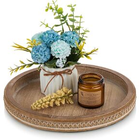 Hanobe Wood Decorative Tray Round: Brown Bead Tray for Coffee Table Rustic Wooden Trays Decor Farmhouse Kitchen Counter Circle Tray Vintage Centerpiece for Living Room Candle Holder Home Organizer