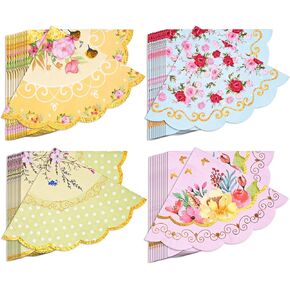 Floral Tea Party Napkins, 100 pcs Scalloped Guest Paper Napkins for Wedding Bridal Shower Baby Shower Tea Party Decorations