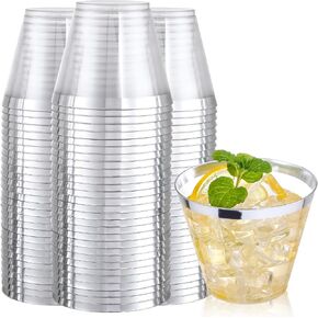 Ciaell 300PCS Gold Plastic Cups - 9Oz Heavy Duty Plastic Cups - Gold Rimmed Plastic Cups - Disposable Clear Plastic Cups with Gold Rim for Party & Wedding