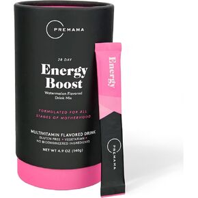 PREMAMA Prenatal Vitamin Energy Boost Drink Mix, Pregnancy-Safe Energy Supplement with Omega 3 & B Vitamins, 28 Servings