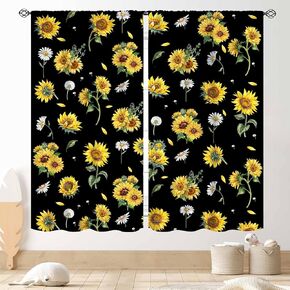 Sunflower Curtains, Rustic Black Yellow Flower Counrtry Farmhouse Style Positive Quote Sunflower Printed Small Short Window Drape Treatments for Kitchen Bedroom Living Room 2 Panels, 55x39 Inch