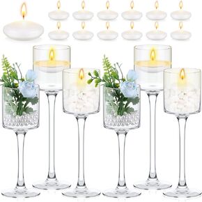 6 قطع من حامل الشموع العائمة الطويلة من هافاويش حامل شموع زجاجية شفافة مع 12 شمعة بيضاء عائمة لإعدادات طاولة الطعام المركزية لحفلات الزفاف، 3 أحجام in Kuwait