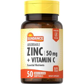 Sundance Absorbable Zinc with Vitamin C | 50mg | 50 Softgels | Essential Nutrients | Non-GMO and Gluten Free Supplement