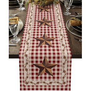Vintage Western Farm Country Star Berry Vines Frame Table Runner Dresser Scarves, 13x48In Non-Slip Table Dress Scarf Red Buffalo Check Kitchen Dinner Tables Decor for Dining Room/Banquet/Party