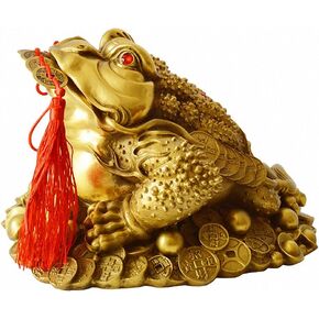 Brass Feng Shui Money Frog Statue with Lucky Charm Ancient Coins on Red String,Feng Shui Decor