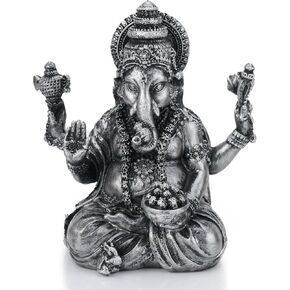 Ganesha Statue 5 Inch Resin, Ganesha Idol Blessing Luck Wisdom Success Inspiring Gifts, Vinayak Ganpati Hindu God, Elephant Buddha Statue Zen Meditation Room Decor Antique Silver Finish