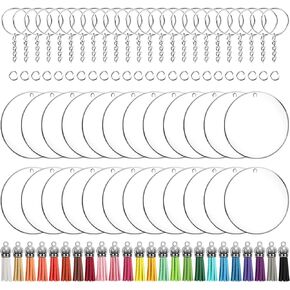 Duufin 72 Pieces Key Ring Acrylic Blanks Keychain Tassels Set 3 Inch Round Clear Arylic Keychain Blanks Key Rings with Chain Jump Rings and Colorful Keychain Tassels for DIY and Craft