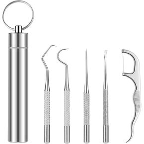 5Pcs Toothpicks Rough Handle Tooth Picker Stainless Steel Dental Floss Picks Pocket Set Reusable Flossers for Adults Portable Teeth Cleaning Travel Oral Care Plaque Remover, Silvery