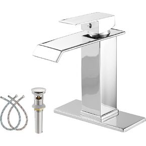 Black Gold Bathroom Faucets Waterfall Spout Basin Sink Faucet with Overflow Drain Assembly Single Handle Bathroom Vanity Sink Faucet with Deck Plate 1-3 Holes Vanity Lavatory Deck Mounted Farmhouse