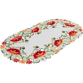 Embroidered Red Poppy on Ivory Table Runner, Dresser Scarf, Coffee Table Runner, Doily (15Wx34L)
