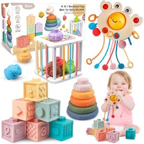 4 in 1 Plunack Baby Toys 6-12 Months, Montessori Toys for Babies,Soft Stacking Building Blocks Soft Infant Teething Toys Sensory Balls Educational Learning Toys for Toddlers Boys Girls (E- 4 in 1)