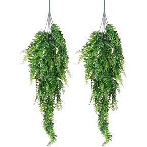 MECCANIXITY 2 Pcs Artificial Hanging Plants Fake Ferns Hanging Vines Plastic for Home Garden Indoor Outdoors Wedding Party Restaurant Office Wall Green