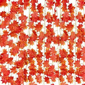 Giftown 12 Strands 90ft Fall Maple Leaves Autumn Red Ivy Garland Artificial Maple Hanging Vines Garland for Thanksgiving ,Christmas Wedding Party, Home Garden Kitchen Office Indoor Outdoor Decors
