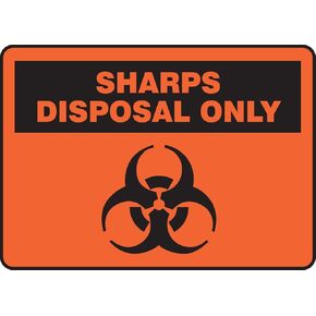 Accuform MBHZ518VP Plastic Safety Sign, "Sharps Disposal ONLY" with Biohazard Graphic, 7" Length x 10" Width x 0.055" Thickness, Black on Orange-Red