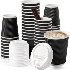Fit Meal Prep [50 Pack 12 oz Insulated Ripple Triple Wall Paper Coffee Cups with White Lids, Premium Disposable, Black To Go Anti Slip for Hot Beverages, Travel, Home, Office in Saudi Arabia
